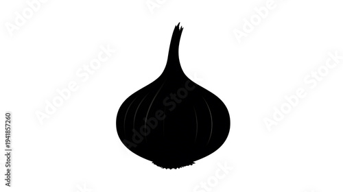 Silhouette of a single bulb of garlic against a neutral backdrop. The monochrome image showcases the simple elegance of this common kitchen staple