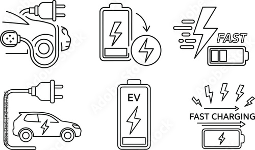 Comprehensive set of modern electric vehicle fast charging line icons, illustrating various aspects of EV power supply, energy replenishment, and sustainable transportation technology