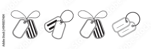 Set of outline dog tag icons with diverse designs and chains on a white background, military badges