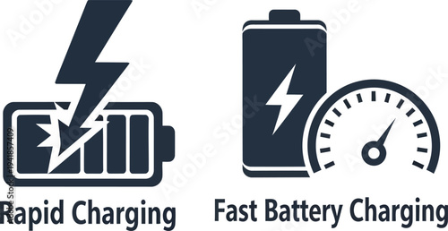 Fast Battery Charging Icons Set Showing Rapid Power Delivery and Energy Level Indicators for Modern Portable Electronics and Technology