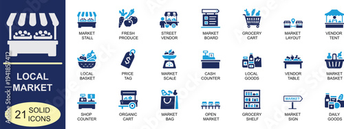 Clean solid local market icon set featuring grocery, retail, vendor and fresh produce symbols in bold vector style for web, mobile apps, packaging and business design projects.