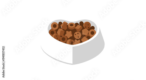 A white heart-shaped bowl is filled with various brown dry pet food kibble pieces against a stark white background.