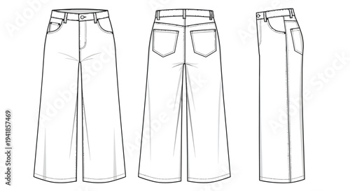 Fashion sketch of women s culottes displayed in three different views
