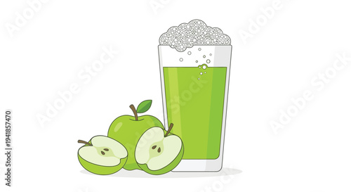 A vibrant green apple juice with fresh apples beside a tall glass