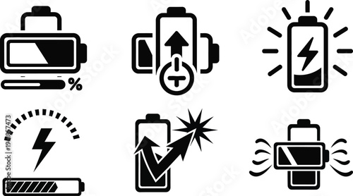 Battery Charge Level Icons Set with Low Battery Warning, Fast Charging Lightning Bolt and Power Indicator Symbols on White Background