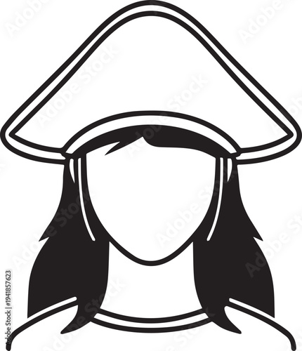 Hand Drawn Woman Pirate Black and White Avatar Illustration in Minimal Line Art Style Design