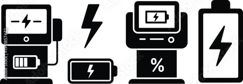Electric Vehicle Charging Station and Battery Level Indicators Vector Icon Set for EV Infrastructure and Energy Management