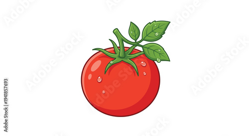 A vibrant cartoon style illustration of a ripe red tomato with green leaves