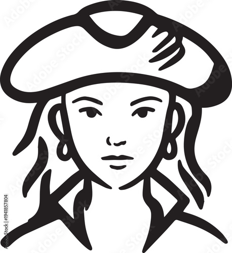 Hand Drawn Woman Pirate Black and White Avatar Illustration in Minimal Line Art Style Design