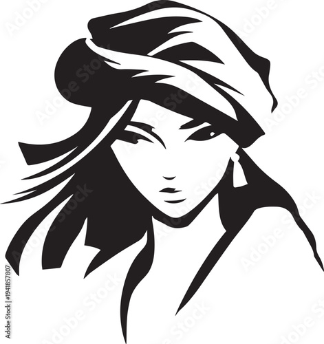 Hand Drawn Woman Pirate Black and White Avatar Illustration in Minimal Line Art Style Design