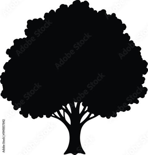 Solid black tree silhouette with dense rounded canopy isolated on white background minimalist nature icon for logos and stock design
