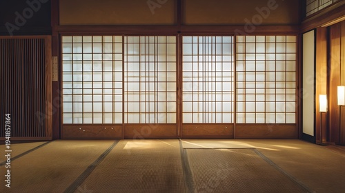 Serene Japanese interior design featuring tatami mats shoji screens and warm minimalist wooden details evoking peace