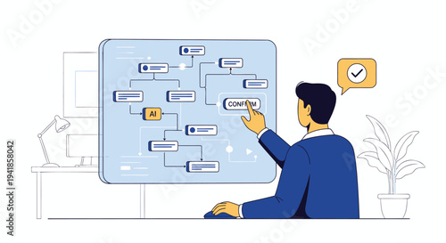 Vector illustration of businessperson analyzing workflow diagram on screen