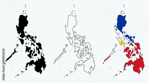 Philippines Map Set with Silhouette, Dotted Outline, and National Flag Design isolated on White Background