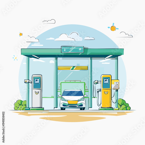 Electric Car Charging at Modern Station.