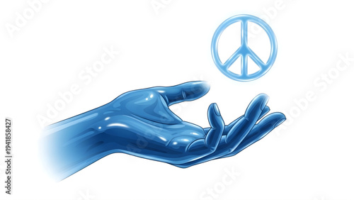 Abstract Blue Glossy Hand Reaching for Peace Symbol, Concept of Searching for Harmony.