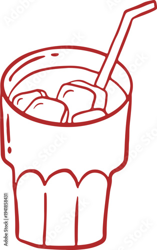 Cold beverage glass with ice cubes and straw. Whimsical cafe, bakery and patisserie vintage line art series.