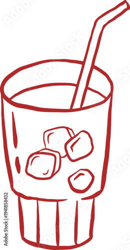 Cold beverage glass with ice cubes and straw. Whimsical cafe, bakery and patisserie vintage line art series.