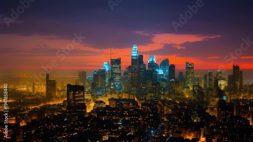 Illuminated skyline at dusk, city lights twinkling below a vibrant sky with purples and oranges