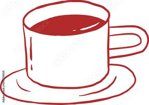 Coffee or tea cup with saucer doodle. Whimsical cafe, bakery and patisserie vintage line art series.