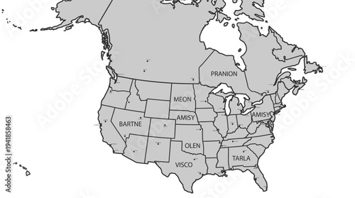 Fictional Map of North America with Imaginary State and Province Names, Minimalist Grayscale Cartography Illustration