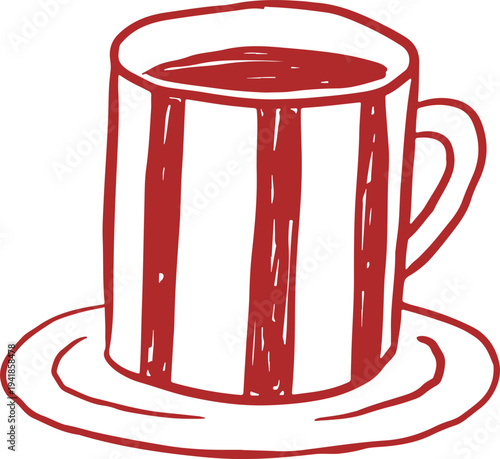 Striped tea cup and coffee mug. Whimsical cafe, bakery and patisserie vintage line art series.