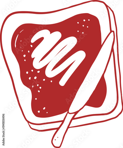 Jam and butter toast with knife. Whimsical cafe, bakery and patisserie vintage line art series.
