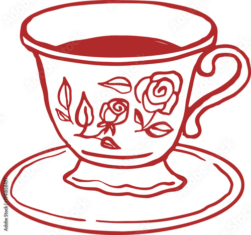 Vintage floral tea cup with saucer. Whimsical cafe, bakery and patisserie vintage line art series.