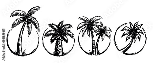 Four hand-drawn palm tree silhouette illustrations in a sketchy grunge style, each enclosed in a circular ink brush frame for a tropical travel or surf emblem design