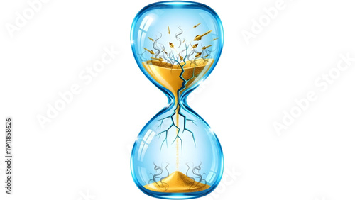 Shattering Hourglass with Golden Sand, Concept of Running Out of Time and Global Urgency.