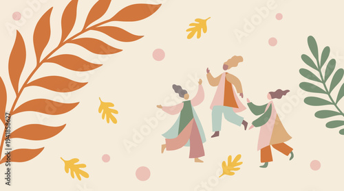 Abstract Autumn Illustration Featuring Joyful People Dancing Amidst Falling Leaves and Botanical Elements in Earthy Tones