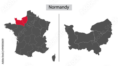 Map of Normandy Region in France Showing Location and Administrative Departments Highlighted