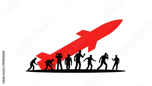 Silhouette of People Carrying a Massive Red Missile, Concept of Collective War Effort.