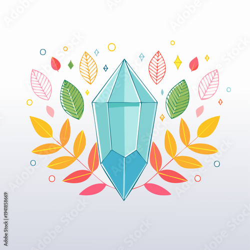 Crystal Surrounded by Colorful Leaves and Shapes.