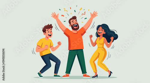 Joyful Group of Friends Celebrating Success with Confetti - Flat Design Cartoon Illustration of Happy People Cheering and Jumping Together for Victory or Good News