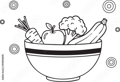 Healthy fruit bowl with apple banana and broccoli sketch