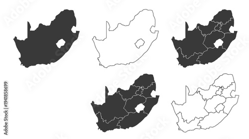 South Africa Map Collection Vector Outline and Solid Silhouette with Provinces Illustration
