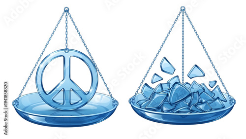 Broken Scales Balancing Peace Symbol and Crystal Shards, Concept of Justice Failure.