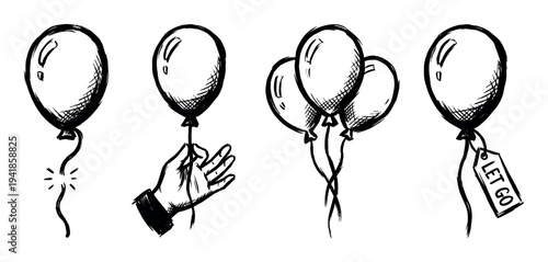 Set of hand-drawn balloon illustrations in a black ink sketch style, including a hand holding a string, a broken string, a bunch, and a tag with the text let go