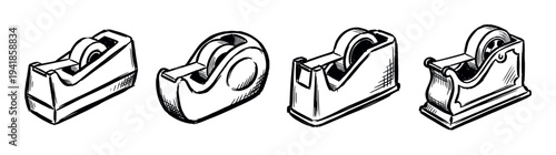 Four different adhesive tape dispenser designs are illustrated in a row using a bold black and white hand-drawn ink sketch style with hatching details