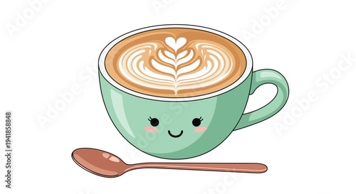 Cute cartoon illustration of a green mug filled with latte art coffee