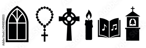 Set of black Christian religious icons including a gothic window, rosary beads, Celtic cross, candle, hymnal, and bell tower in a minimalist flat graphic silhouette style