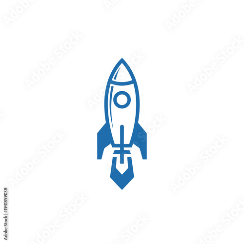 Sleek blue rocket taking off, symbolizing innovation, startup growth, rapid development, and futuristic technology, isolated on a clean white background