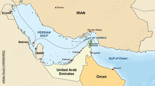 Geopolitical Map of Persian Gulf and Strait of Hormuz featuring Iran, United Arab Emirates, Qatar, Oman, and Kuwait - Regional Shipping and Logistics Illustration