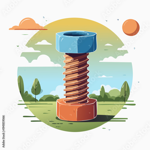 Large Bolt with Nuts on Green Field.