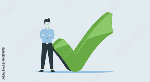 Vector illustration of man standing next to green checkmark