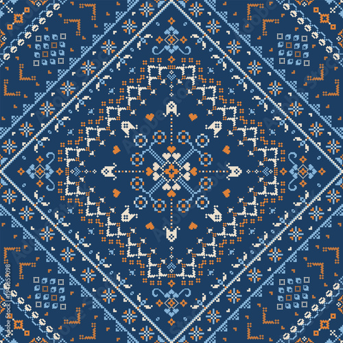 Seamless pixel folk pattern with diamond-based geometry and radial symmetry in navy, blue, and orange tones. Decorative mosaic layout suitable for fabric, wallpaper, and surface design.