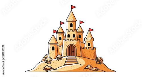 A detailed illustration of a sandcastle with towers and seashell decorations