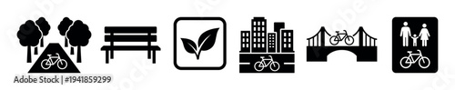 Set of black glyph icons representing urban cycling, city life, park recreation, and eco-friendly transportation concepts for a healthy lifestyle in a modern metropolis