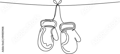 A pair of warm mittens connected by a string on a horizontal line. Drawing in one line art style with black stroke.
